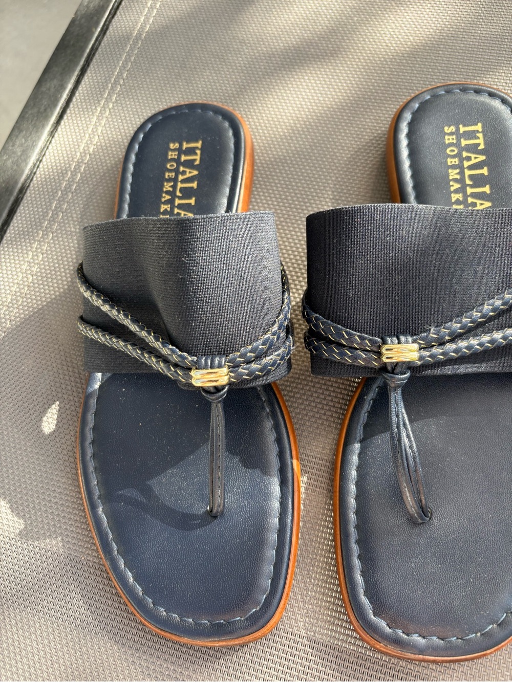 Italian Shoemakers Navy Slide Sandals with Gold Accent